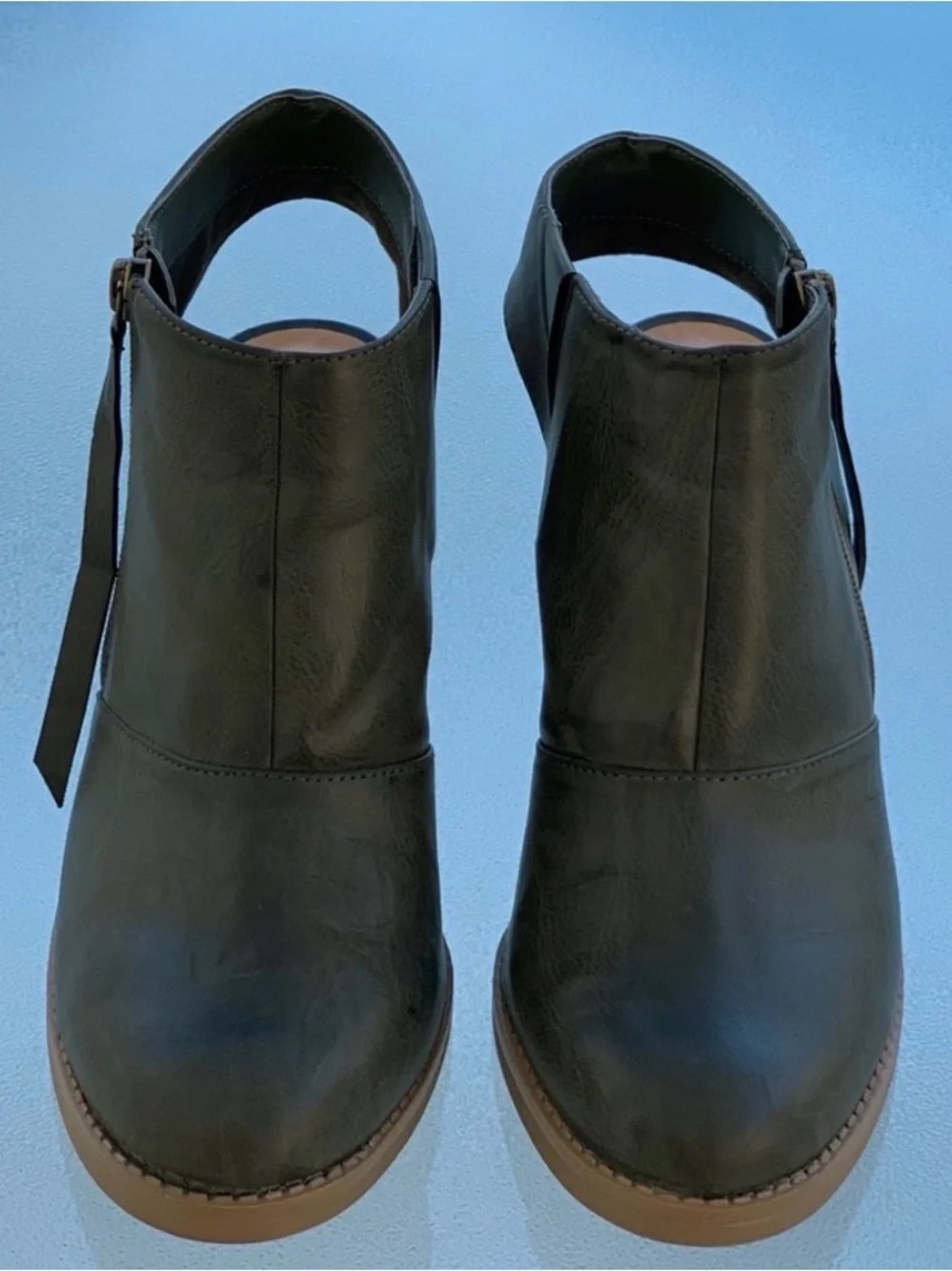 Nine West Livia 3Y Olive Green Sling Back High Heel Faux Leather Booties ~ 7.5